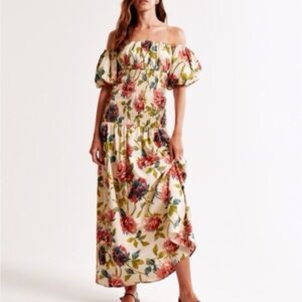 NWT Abercrombie & Fitch Smocked Drop-Waist Puff Sleeve Floral Maxi Size XL Tall - Picture 2 of 9